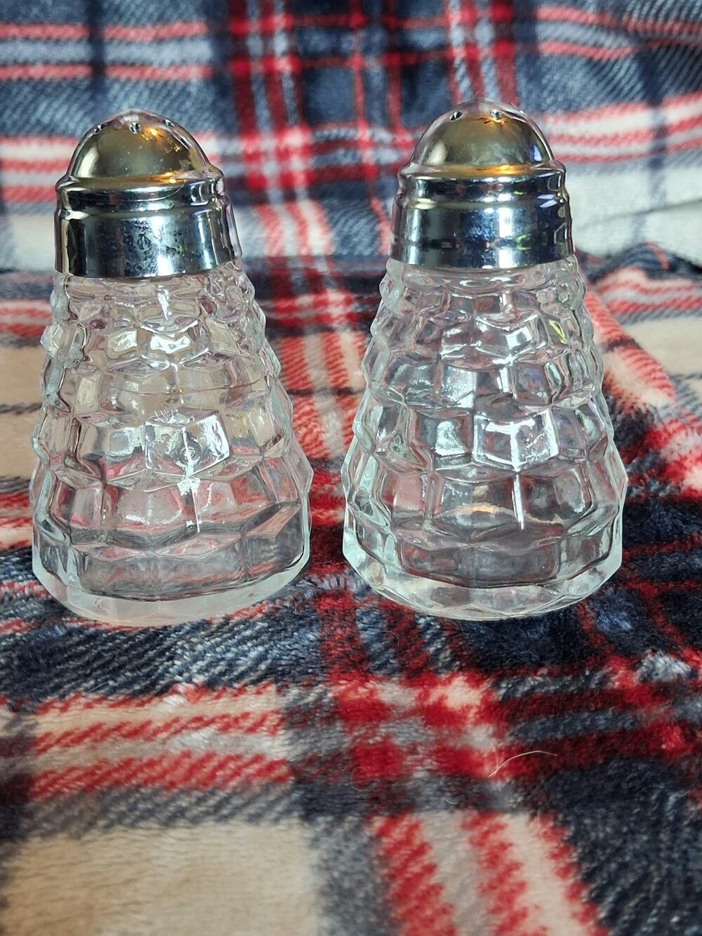 Pair of Fostoria American Glass Salt & Pepper Shakers W/Metal Lids Cube Pattern